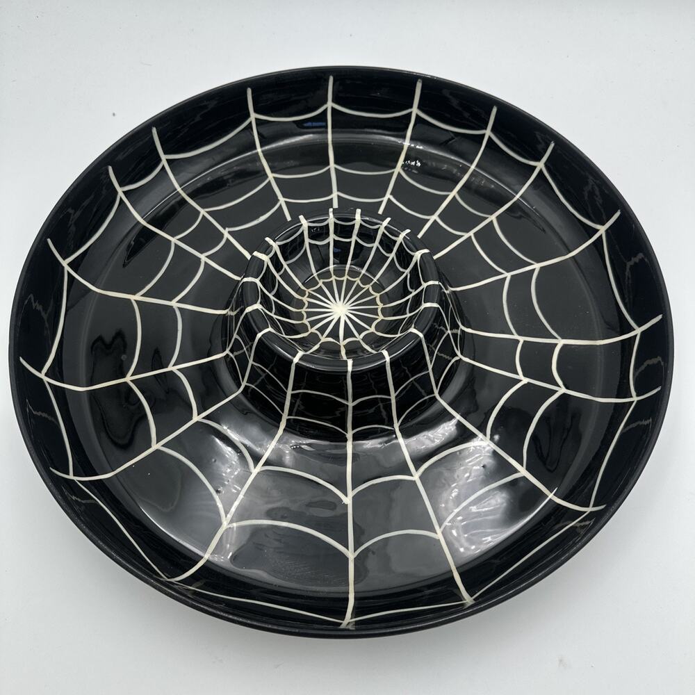 Extra Large Halloween Spider Web Black Enamel Chip And Dip Bowl Goth NWOT